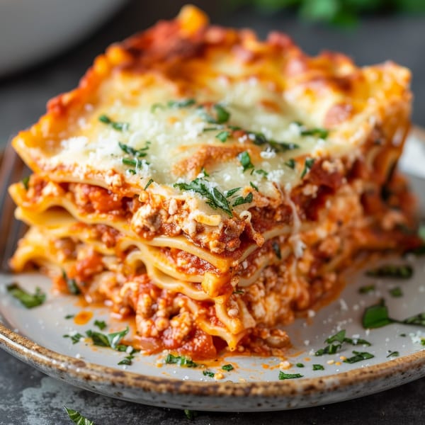 A large slice of Bella Donna Pizzeria's lasagna, layered with rich red sauce, cheese, and herbs.